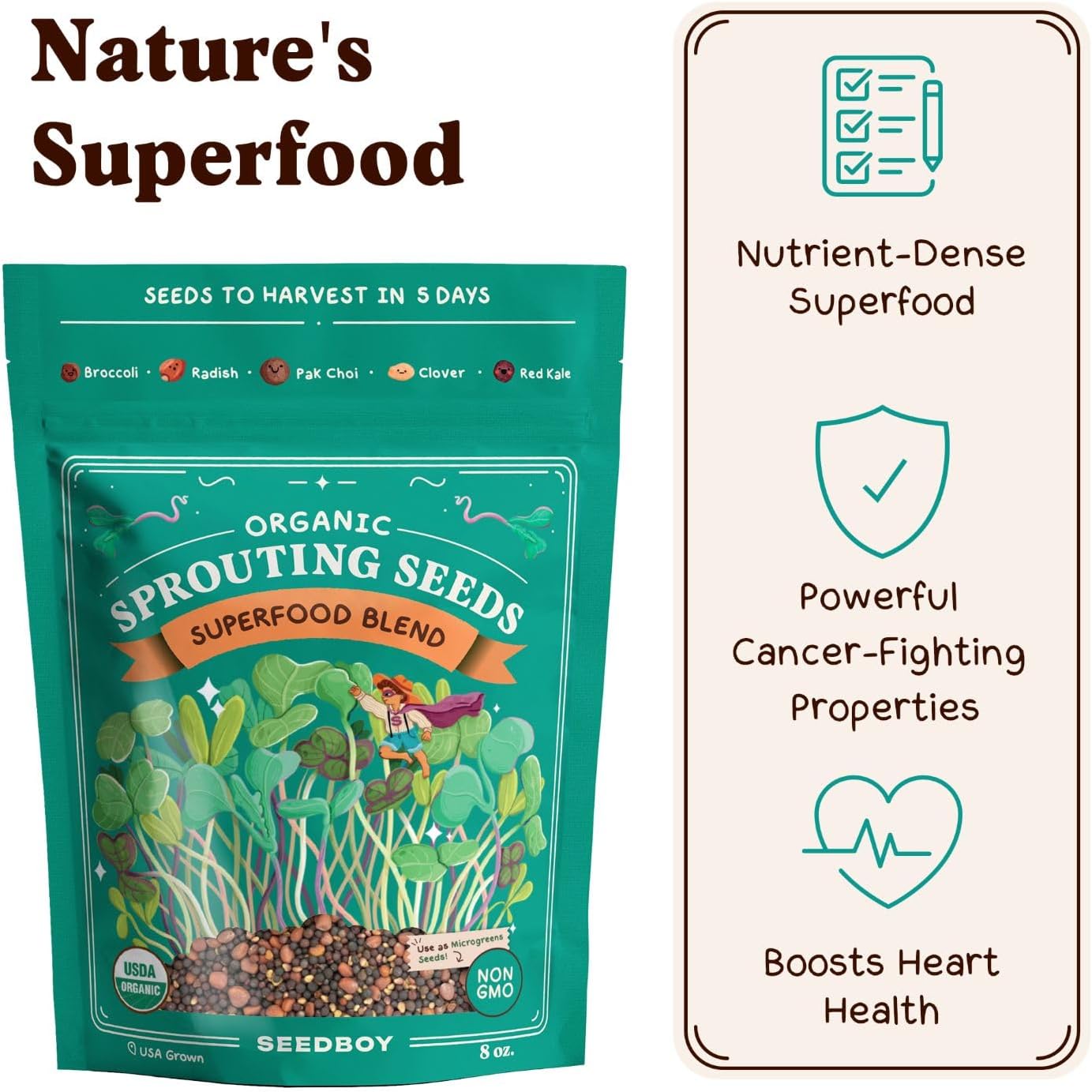 Seedboy Organic Non-GMO Sprouting Seeds, Superfood Blend - USA Grown Microgreens Mix with Broccoli, Radish, Pak Choi, Clover, Red Kale - 8 oz Makes 8 Quarts / 24 Servings (Superfood Blend)