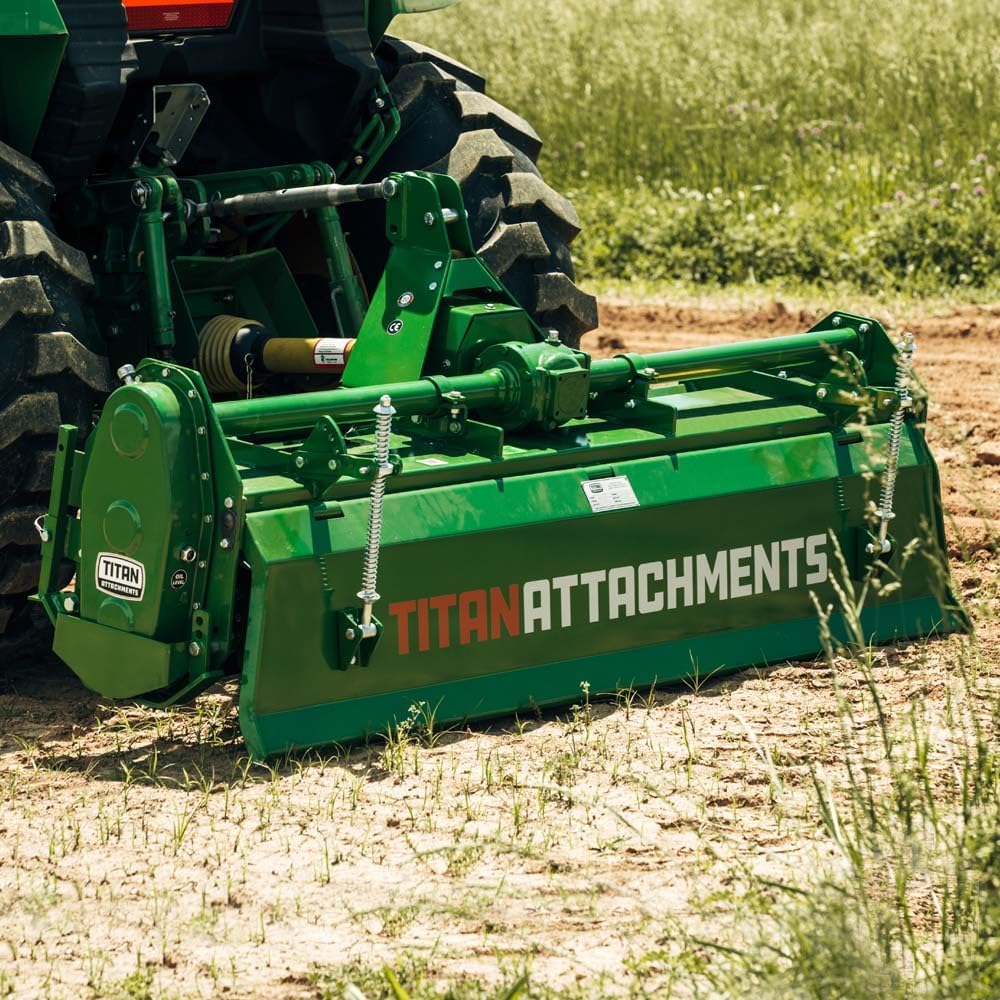 Titan Attachments 3 Point 60" Rotary Tiller Attachment, Fits Cat 1 Tractors, Green Finish, PTO Driven Cultivator with a 540 RPM Gearbox, Replaceable Tines, Aerates Ground Soil