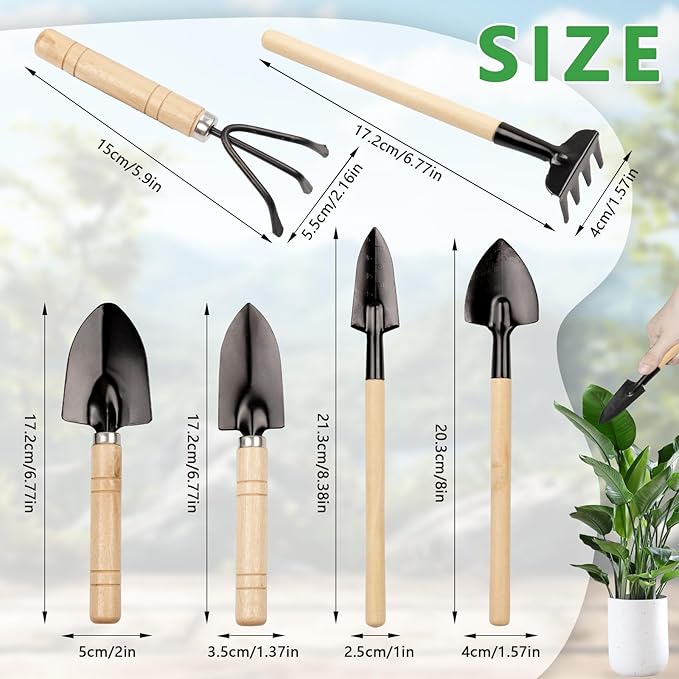 Small Garden Tools 6 Pcs Mini Miniature Shovel Indoor Succulent Home Tiny Gardening Kit Plant Potted Repotting Flower Wood Handle Care Transplant Accessories Potted Houseplant