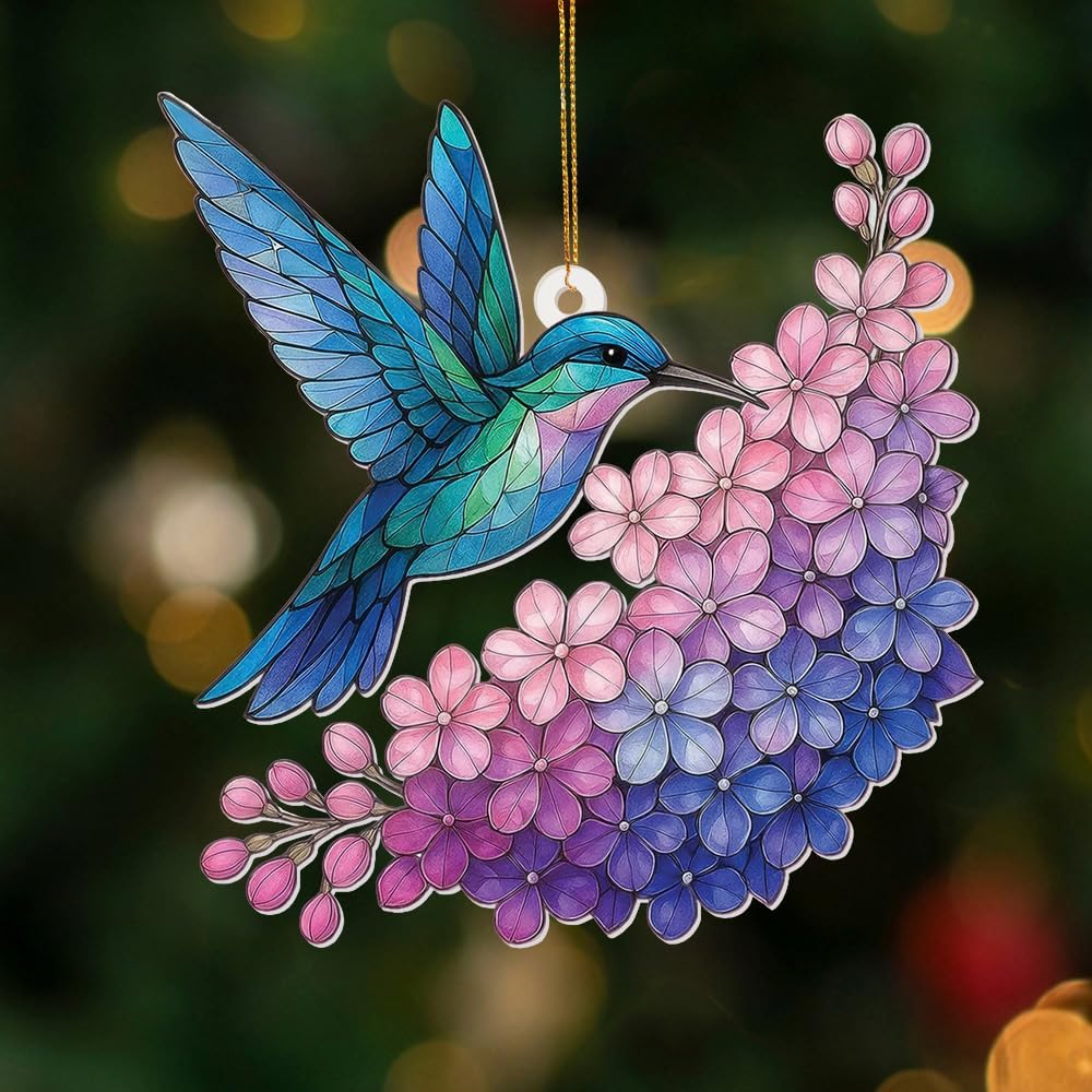 Hummingbird Stained Glass Ornament, Acrylic Window Hanging Suncatcher Decor, Bird Ornament for Car Rearview Mirror, Christmas Tree Decoration, Bookish Gifts for Bird Lovers, Home&Garden Decor(Sun-12)