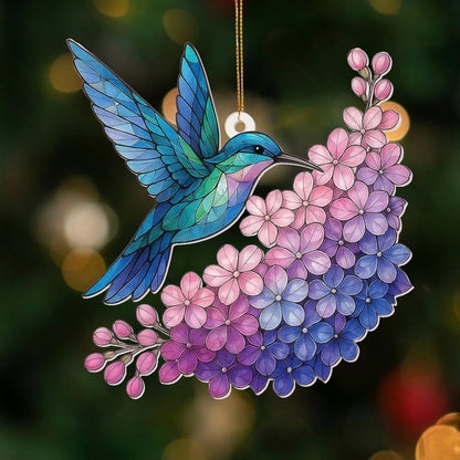 Hummingbird Stained Glass Ornament, Acrylic Window Hanging Suncatcher Decor, Bird Ornament for Car Rearview Mirror, Christmas Tree Decoration, Bookish Gifts for Bird Lovers, Home&Garden Decor(Sun-12)