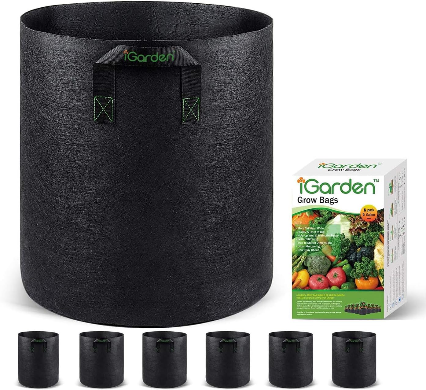 Grow Bags Tall, 5 Gallon Grow Pots 6 Pack with Handles, Heavy Duty 280G Thickened Nonwoven Fabric Plant Bag for Vegetables, Black