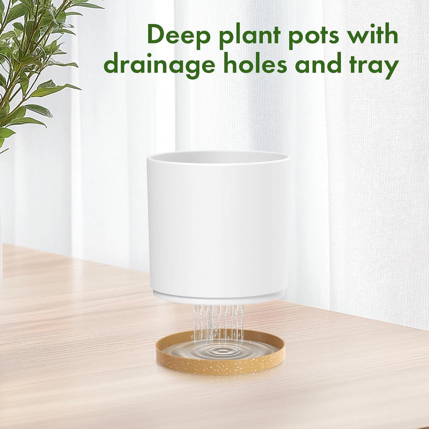 12/10/8 inch Large Flower Pots, 3 Pack Cylinder Deep Plant Pots for Outdoor Indoor Plants, Tall Plastic Planters with Drainage Holes and Saucers for Garden House Plants, White with Brown