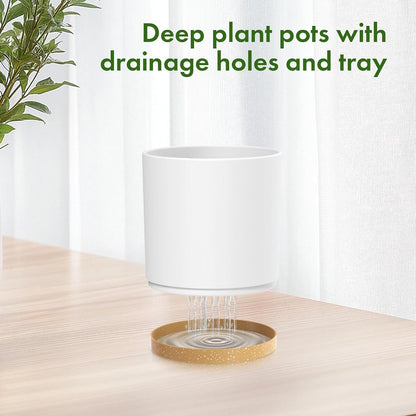 10/8/6 inch Deep Plant Pots, 3 Pack Cylindrical Large Flower Pots for Outdoor Indoor Plants, Tall Plastic Planters with Drainage Holes and Saucers for Garden House Plants, White with Brown