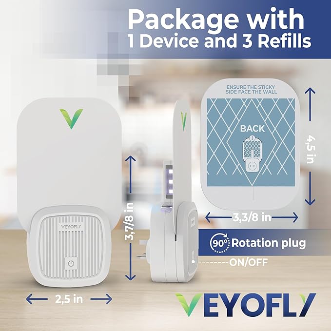 VEYOFLY Fly Trap Indoor, Fruit Fly Traps for Indoors, (1 Device + 3 Refills) Gnat Traps for House Indoor, Fly Catcher Indoor, Plug in Light Flying Insect Trap, Bug Light Killer, Fly Trap
