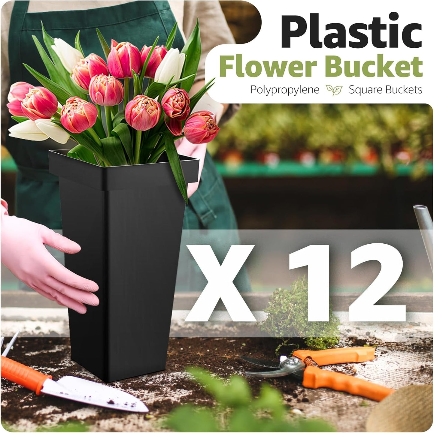 Flower Display Stand 3 Layers with 12 PCS Round Buckets, Plant Stand with Wheels, Movable Metal Plant Stand for Terrace Garden, Living Room, Florist Shop