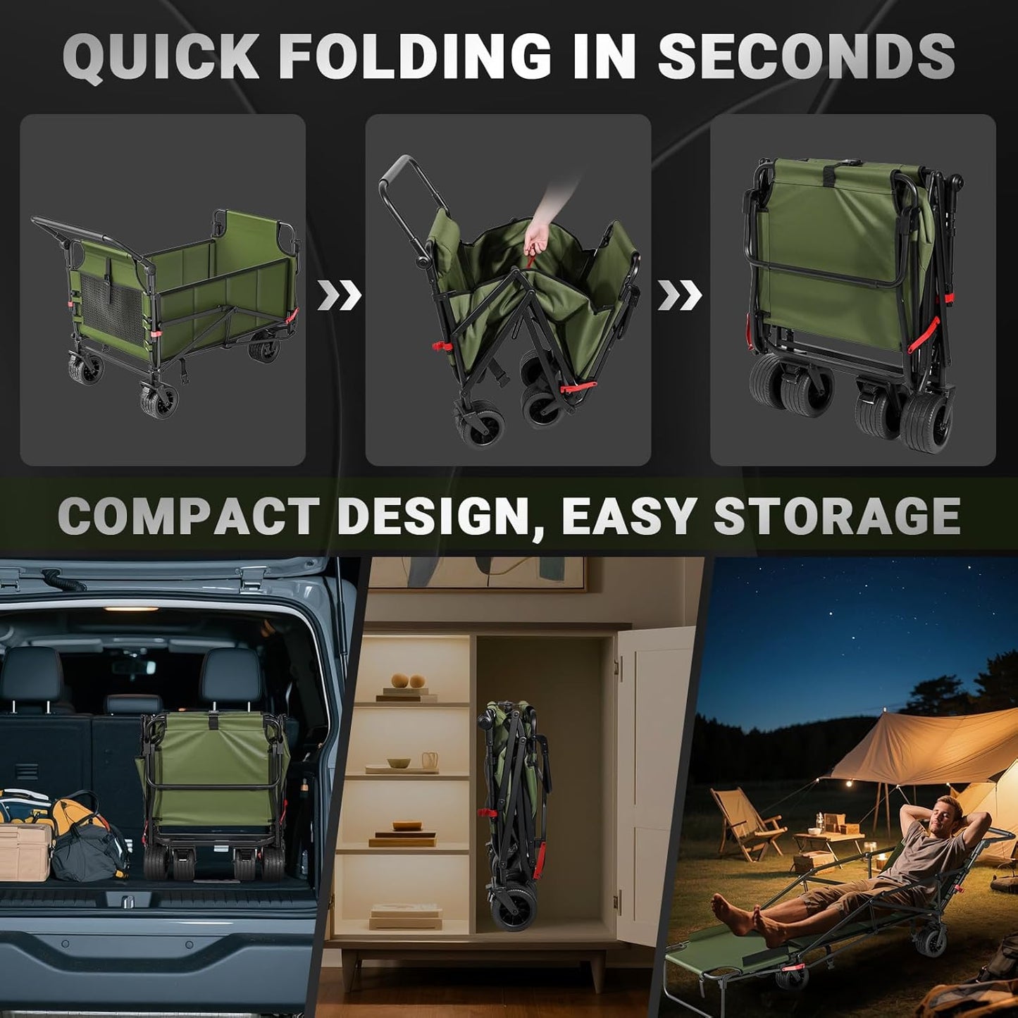 LEVELEVE Heavy Duty Folding Wagon - 2-in-1 Collapsible Cart, 650lb Capacity, All-Terrain Wheels w/Brakes & Side Pockets