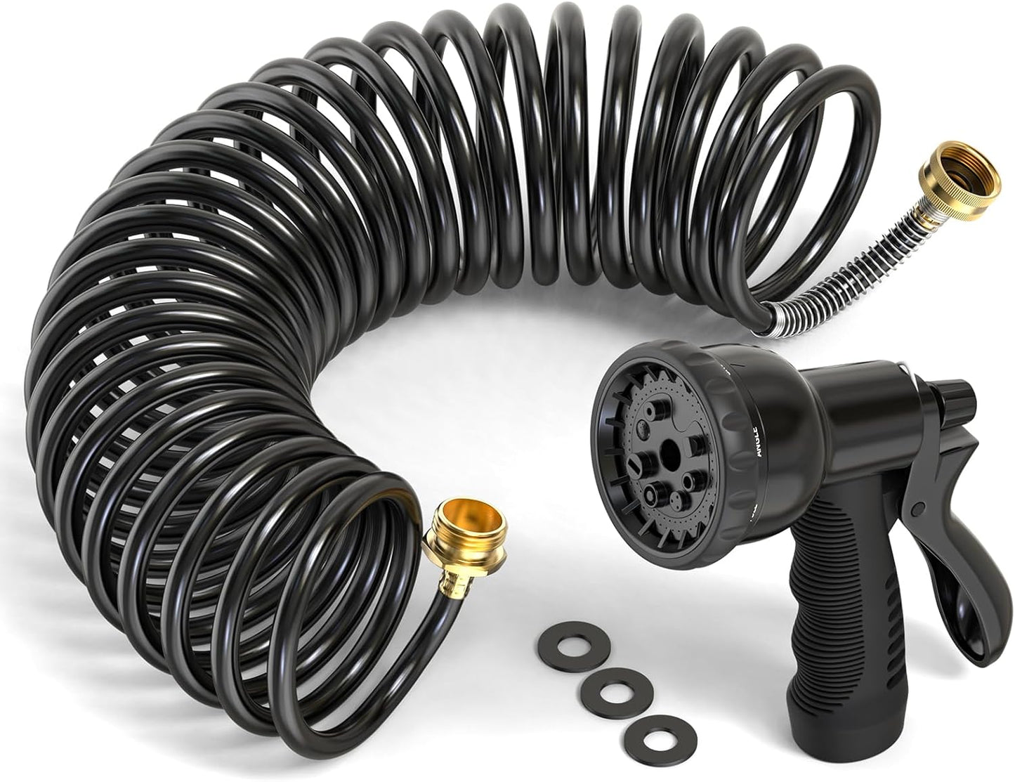 GASHER 100FT x 3/8" Coil Garden Hose, Expandable Garden Hose with 3/4" Brass Connector, Watering Hose Includes 8 Patterns Spray Nozzle for Outdoors Lawn Watering Car Washing