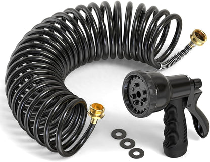 GASHER 100FT x 3/8" Coil Garden Hose, Expandable Garden Hose with 3/4" Brass Connector, Watering Hose Includes 8 Patterns Spray Nozzle for Outdoors Lawn Watering Car Washing