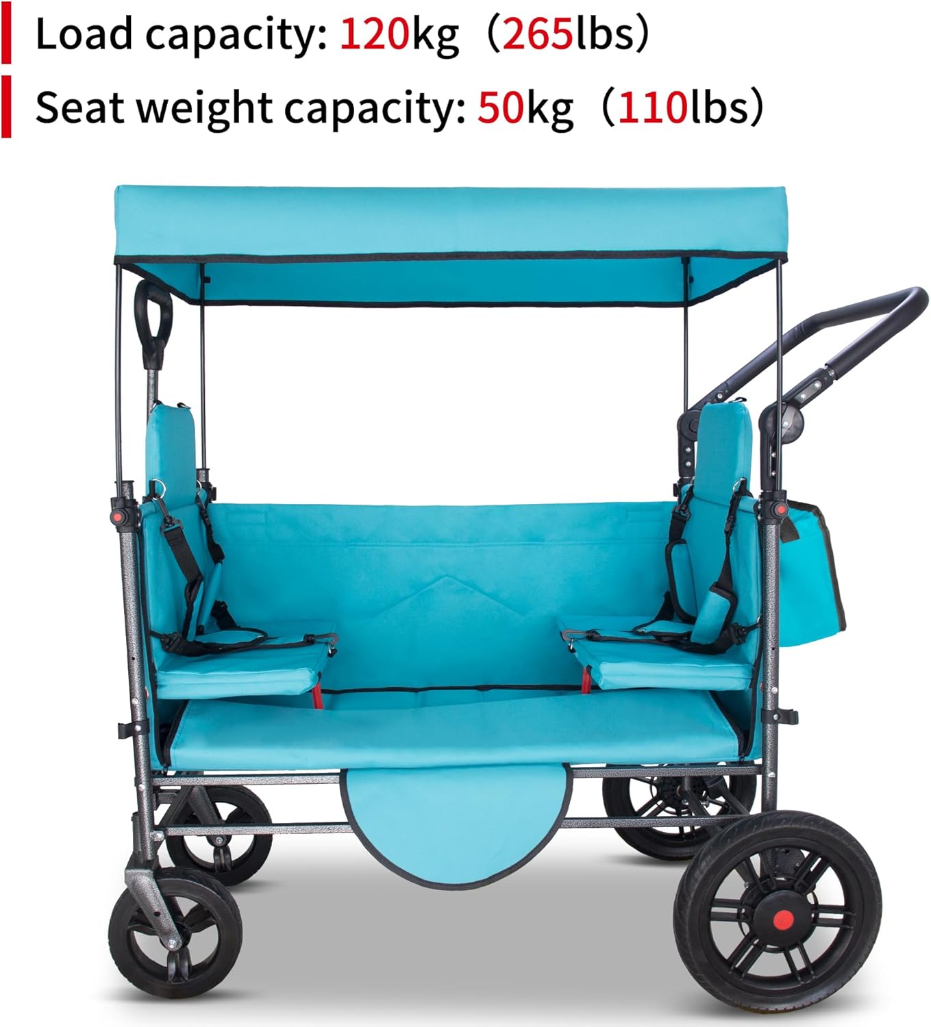 TMZ Collapsible Wagon Cart with Side-Opening Seat Conversion Design, Foldable Utility Wagon with 2 Seats, Heavy Duty Wagon 265 lbs Load Capacity (Turquoise)