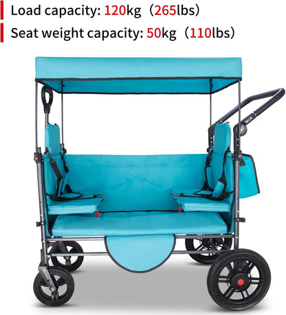 TMZ Collapsible Wagon Cart with Side-Opening Seat Conversion Design, Foldable Utility Wagon with 2 Seats, Heavy Duty Wagon 265 lbs Load Capacity (Turquoise)