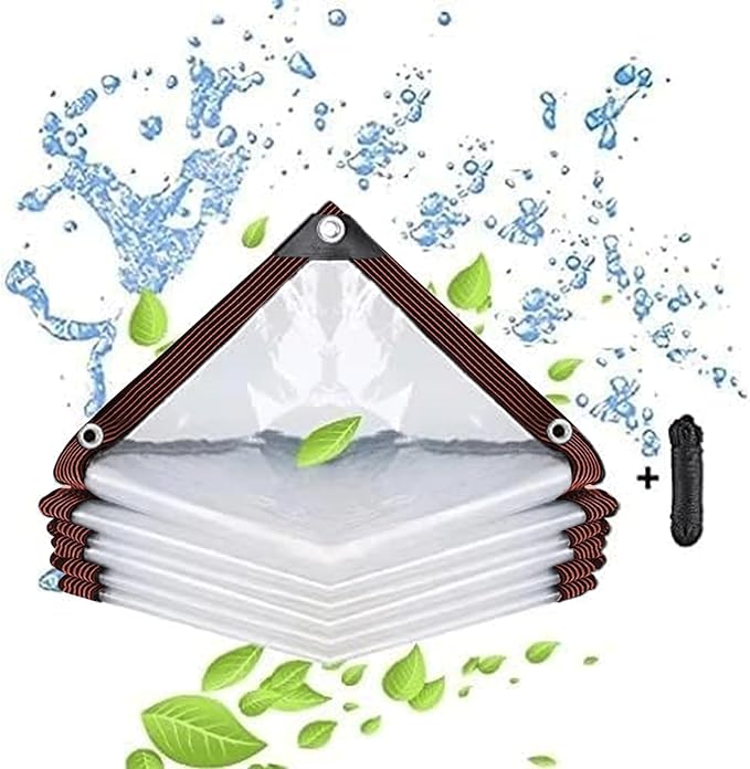 Clear Tarp Waterproof 10x12FT, Transparent Waterproof Tarp with 1 Rolls Ropes Anti Tear for Outdoors Clear Plant Covers for Covering Firewood Piles Patio Furniture Dog or Chicken Coops
