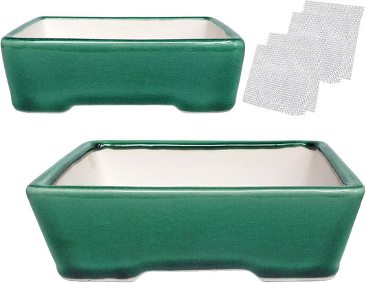 Set of 2 Zisha White Clay Bonsai Pot Glazed Shallow Succulent Planter Green