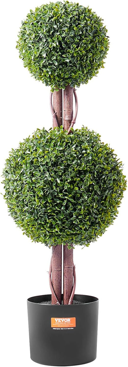 VEVOR Artificial Boxwood Topiary Tree, 36 inch Tall (2 Pieces), Double Ball Faux Topiary Trees, Faux Plant w/Extra Leaves & Pot & Small Decoration, UV Rated Set for Home Decor Indoor/Outdoor