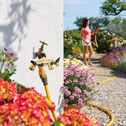 4 Way Brass Garden Hose Splitter Heavy Duty Garden Tap Hose Adapter Nozzle Switcher Connector with 4 Shut-Off Valves for Garden Irrigation Watering (American Thread 3/4)