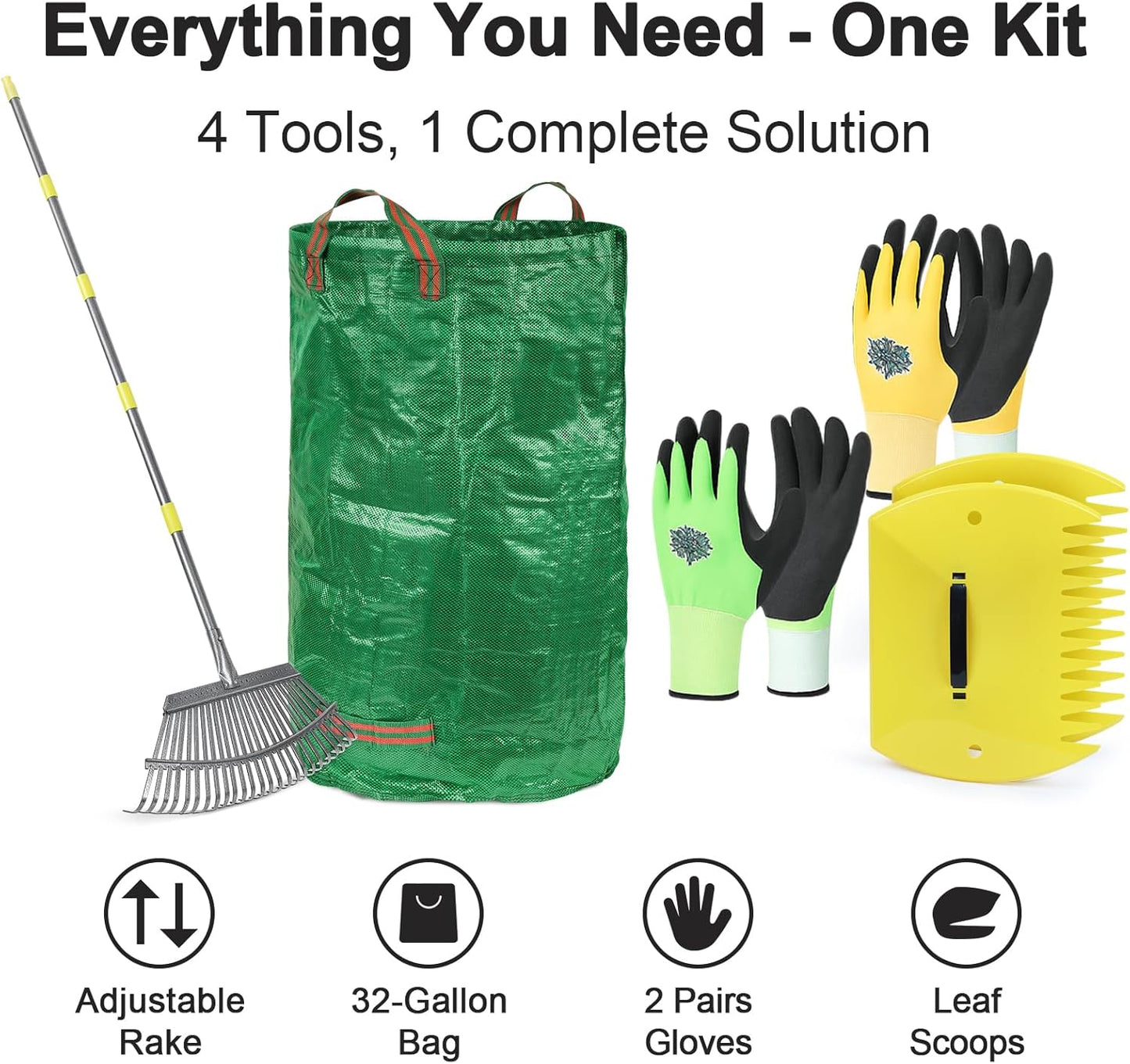 Leaf Cleanup Kit - Adjustable Metal Rake (36-73 in), 32-Gallon Self-Standing Yard/Garden Waste Bag with Support Hoop, Oversized Leaf Scoops (Leaf Claws) & 2 Pairs of Latex-Coated Gardening Gloves