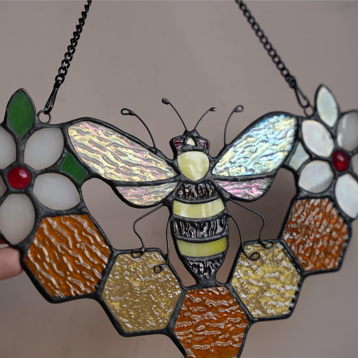 Bee Decor Stained Glass Window Hanging,Honeybee Honeycomb with Flowers Suncatcher for Window,Wall Art Ornaments,Birthday Gifts for Women,Friends,Housewarming Gift