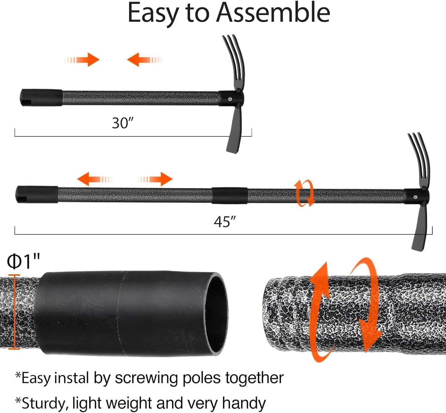 Hoe and Cultivator Gardening Hand Tools, Heavy Duty Stainless Steel Garden Hoe and 3 Fork Hand Tiller for Gardening Weeding Planting with Adjustable Handle 30-45 inch
