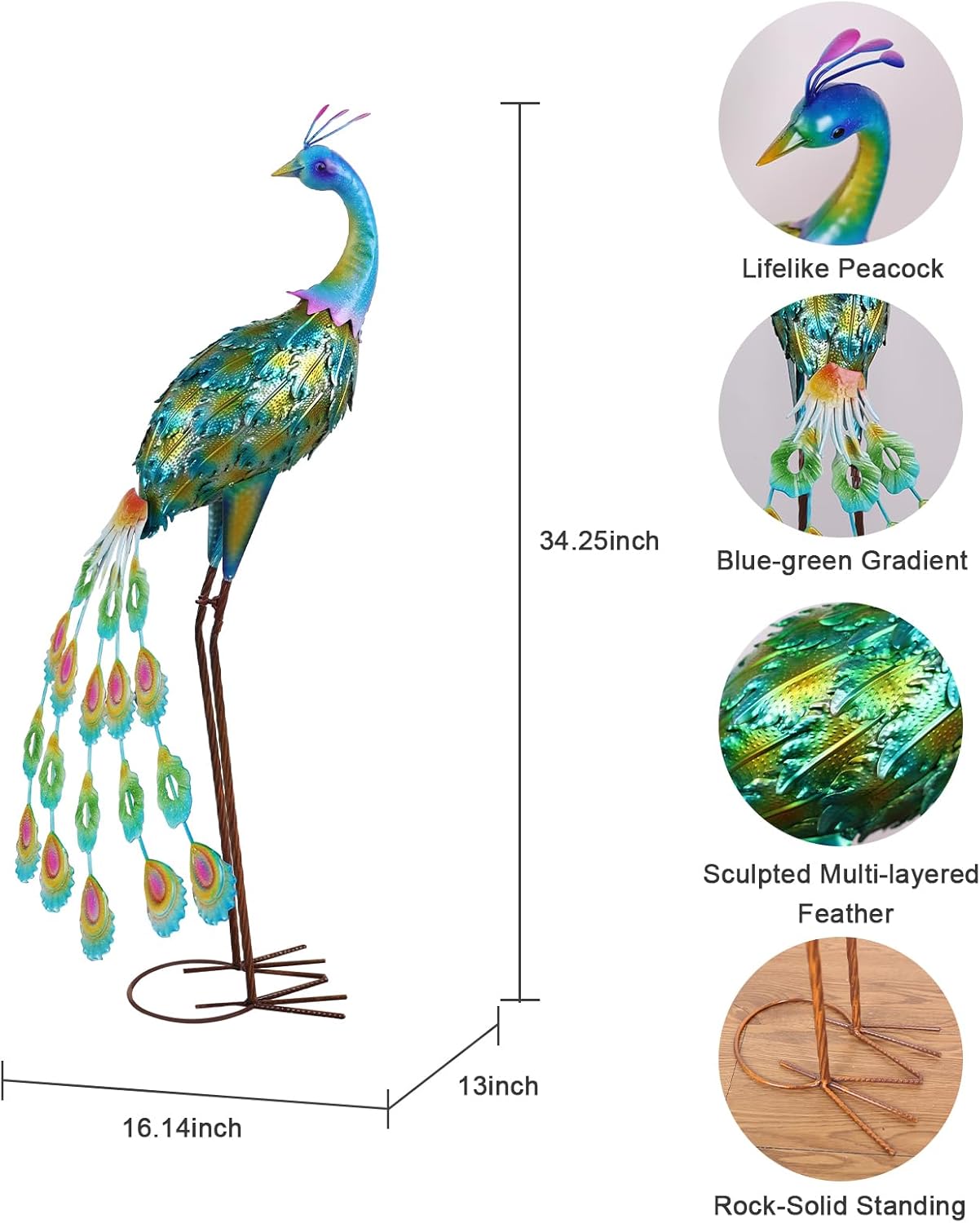 YEAHOME Garden Decor Outdoor Statues, 34" Large Metal Peacock Standing Yard Art, Blue Green Bird Lawn Sculptures Garden Decor for Outside Patio Porch Backyard