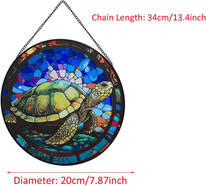 Hanging Stained Glass for Windows,20cm/7.87 inch Turtle Hand-Painted Glass Panel Window Hanging Suncatchers Christmas Ornaments Home Courtyard Decor,Housewarming Gift (Style A)