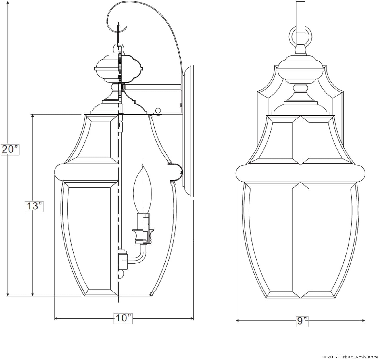 Urban Ambiance Luxury Colonial Outdoor Wall Light, Large Size: 20" H x 10.5" W, with Tudor Style Elements, Versatile Design, Classy Aged Silver Finish and Beveled Glass, UQL1145