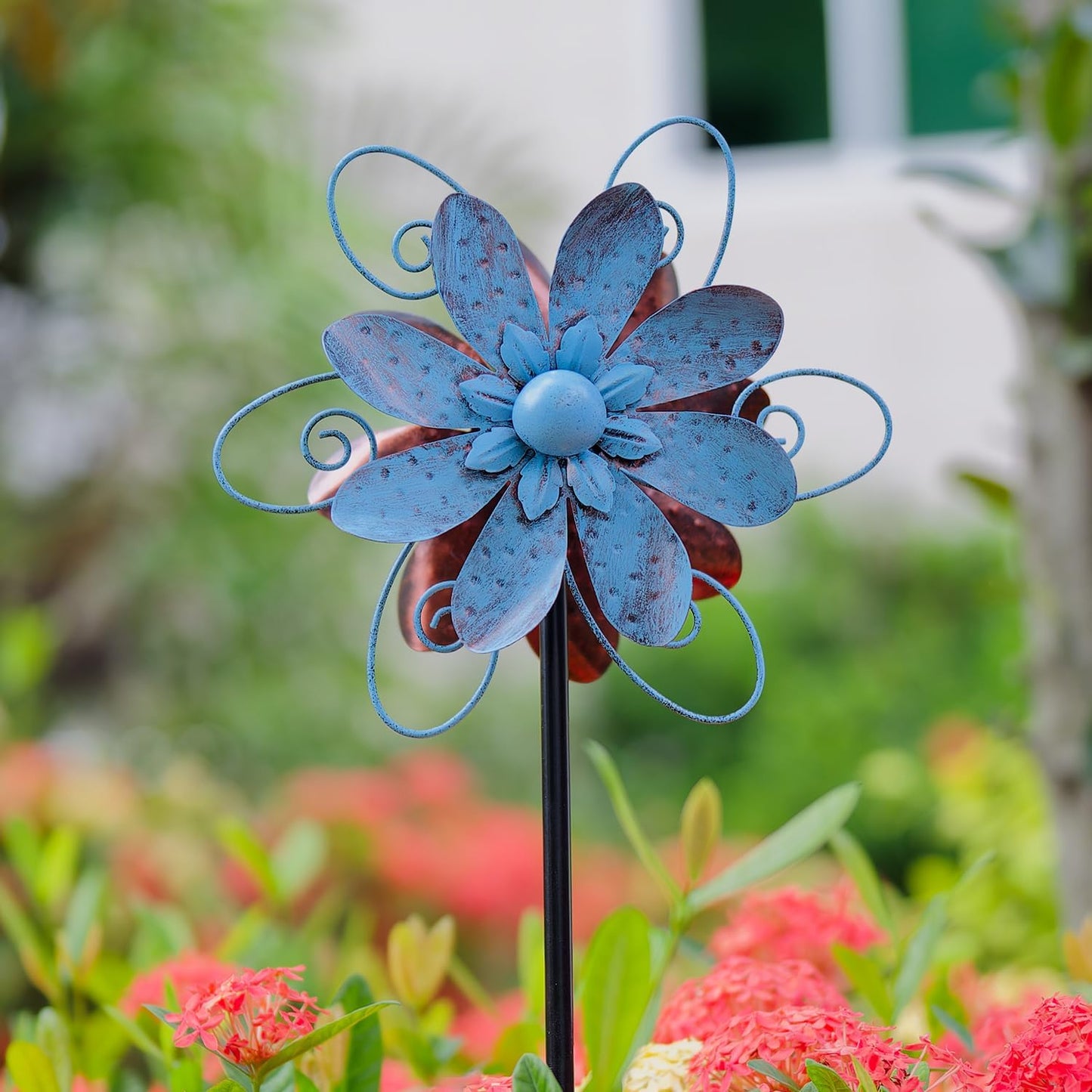 Wind Spinners Outdoor, Metal Flower Garden Pinwheels, Garden Wind Sculptures & Spinners for Yard Lawn Patio Decor - Blue