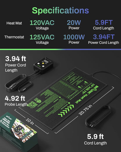BN-LINK Seedling Heat Mat with Thermostat Controller Combo Set, 10" x 20.75" Plant Heating Mat for Seed Starting with Temperature Control for Indoor Growing, Plants Germination