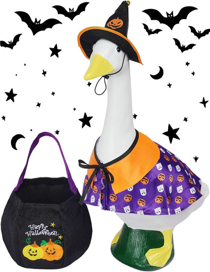 Halloween Porch Goose Outfits 23", Yard Goose Statue Clothes with Pumpkin Trick or Treat Bags, Fall Thanksgiving Outdoor Decor for Patio Lawn Garden and Porch Goode Theme (Pumpkin Ghost Cloak)