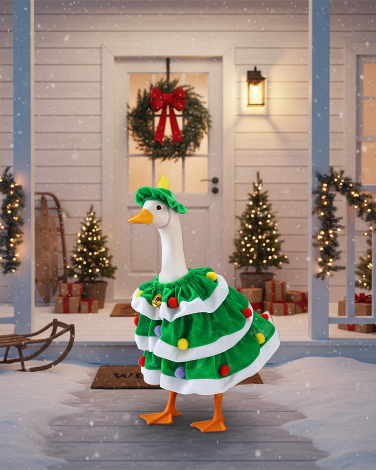 Christmas Porch Goose Outfits With Bells, 2 Pcs/Set Lawn Cement Goose Clothes, 23" Patio Yard Garden Geese Costume Decoration, Green