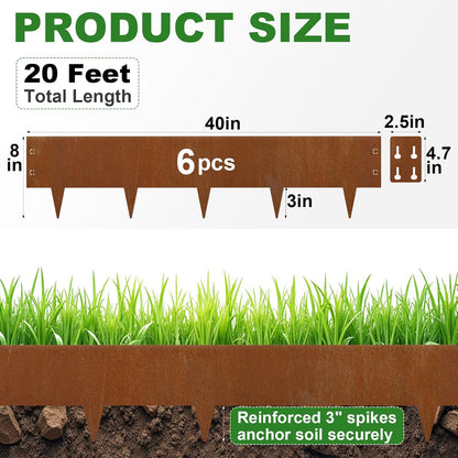 Heavy-Duty Cor-Ten Steel Landscape Edging (8" H x 40" L) - 6-Pack (20 Ft Total) | Pre-Rusted, Weatherproof Garden Border | Hammer-in, No Dig, Bendable Design for Lawns, Flower Beds & Trees