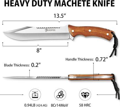 NedFoss 13.5" Machete Knife with Leather Sheath, Strong 8Cr14Mov Steel 0.22" Thick Blade Full Tang Kukri Machete for Cutting Trees Heavy Duty, Fixed Blade Knife for Yard Work Clearing Brush