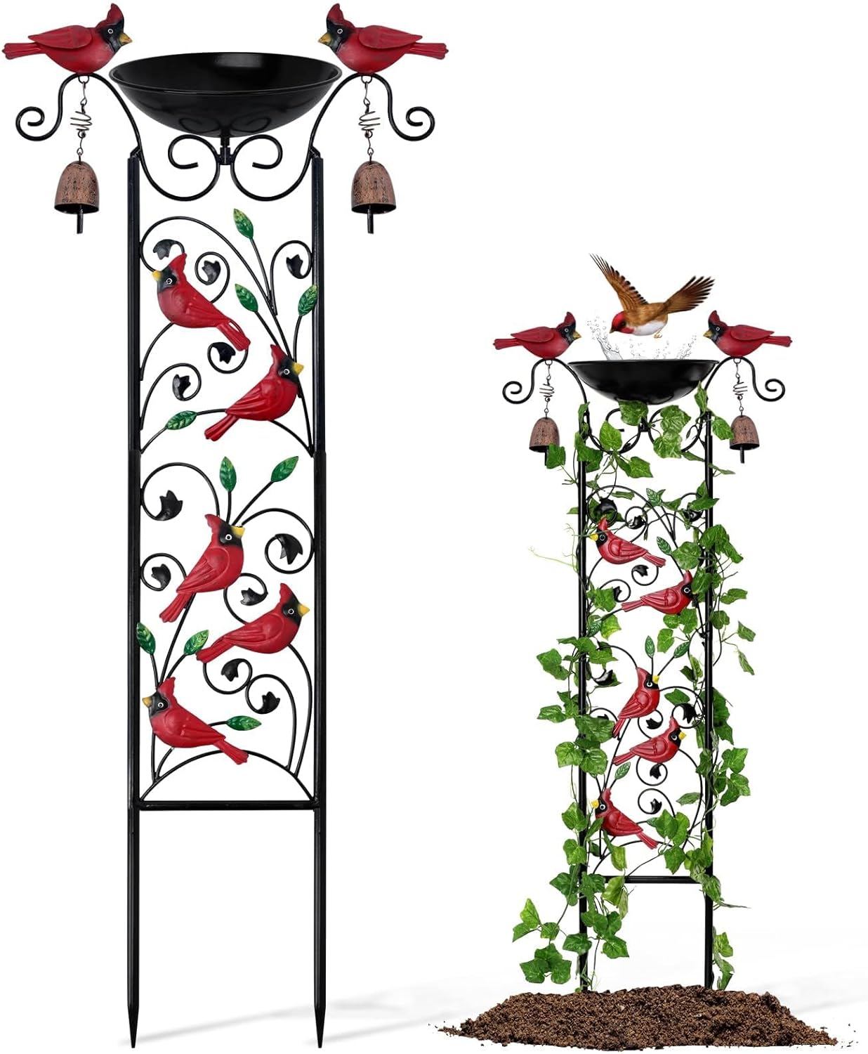 Cardinal Bird Bath Garden Trellis for Climbing Plants Outdoor Wind Chime Decor Red Birds Feeder Yard Sign Spring Lawn Decorations Housewarming Christmas Appear Memorial Gift for Bird Watcher Gardener