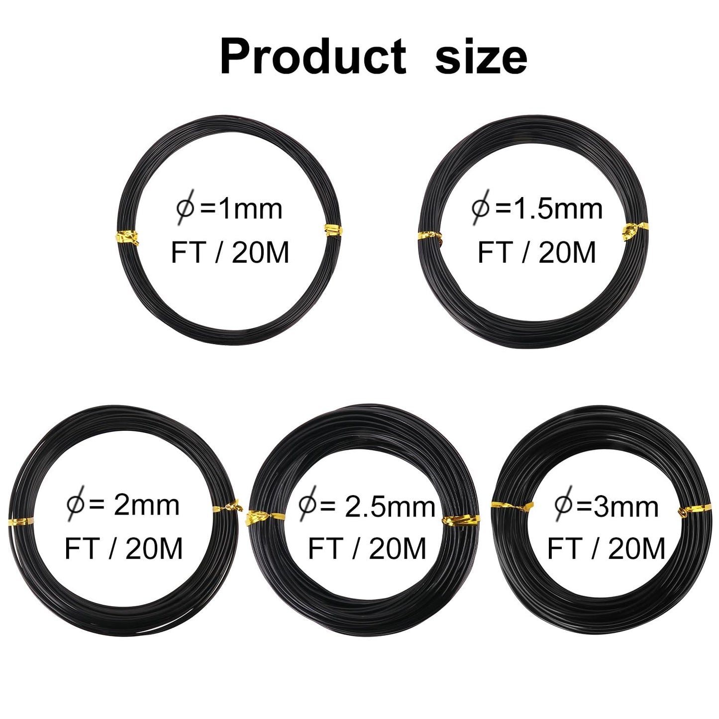5 Roll Anodized Aluminum Bonsai Training Wire Kit with Bag, Black Bonsai Training Wire, Plant Wire Kit for Bonsai Artists & Beginners by Biugaaufai (1.0mm, 1.5mm, 2.0mm, 2.5mm, 3.0mm,5-Size 328 Feet)