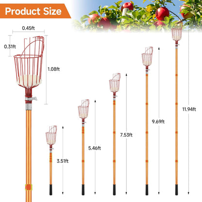 SANLIKE Fruit Picker Tool 12FT Telescoping Fruit Picker Pole, Easy to Assemble Twist-On Apple Basket, Lightweight Aluminum Fruit Picking Equipment for Getting Fruits Apple Orange Pear Mangoes