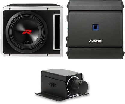 Alpine R2-SB10V-BNDL 10" Type-R Halo Loaded Enclosure with S-A60M 600 Watt Mono Amplifier and RUX-KNOB.2 Bass Knob