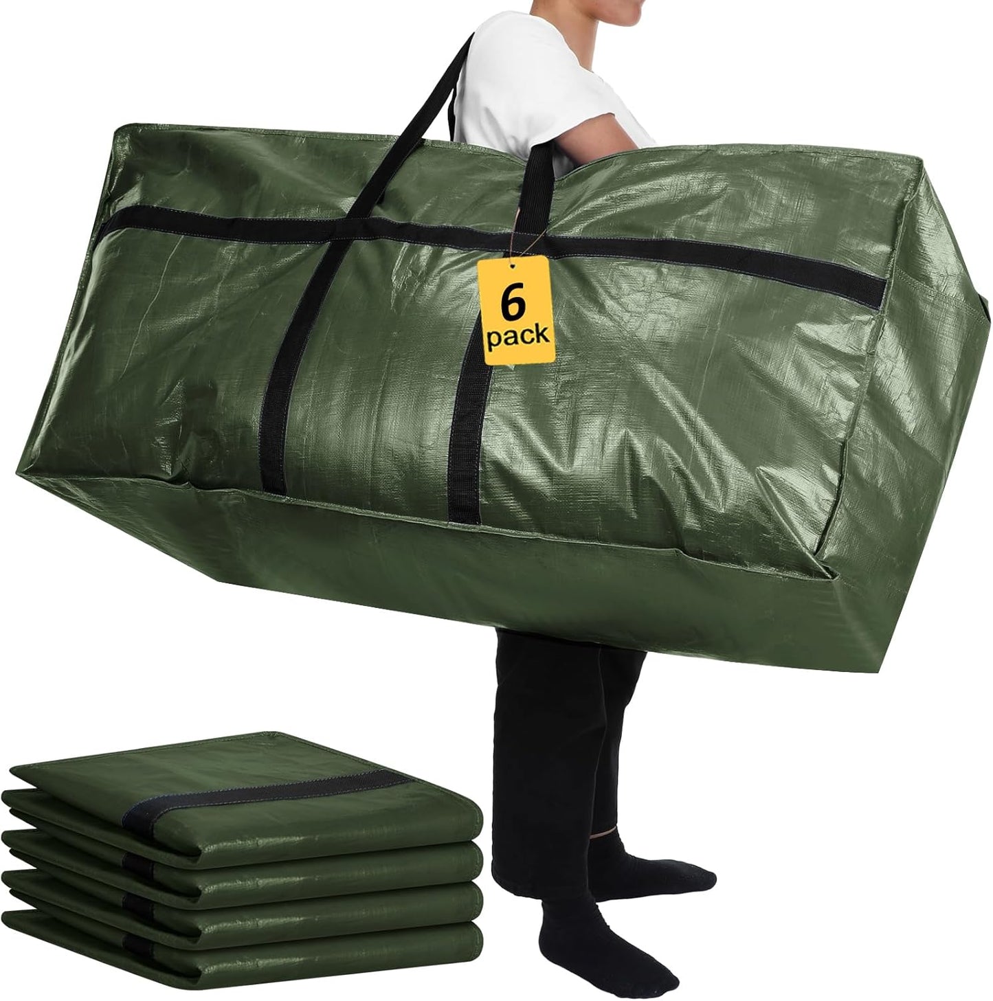 6 Pcs 66 Gallon Large Moving Bags with Zipper and Handles Foldable Storage Duffle Bags Heavy Duty Extra Large Totes for College Dorm Travel Clothes Blankets Bedding Moving (Army Green)