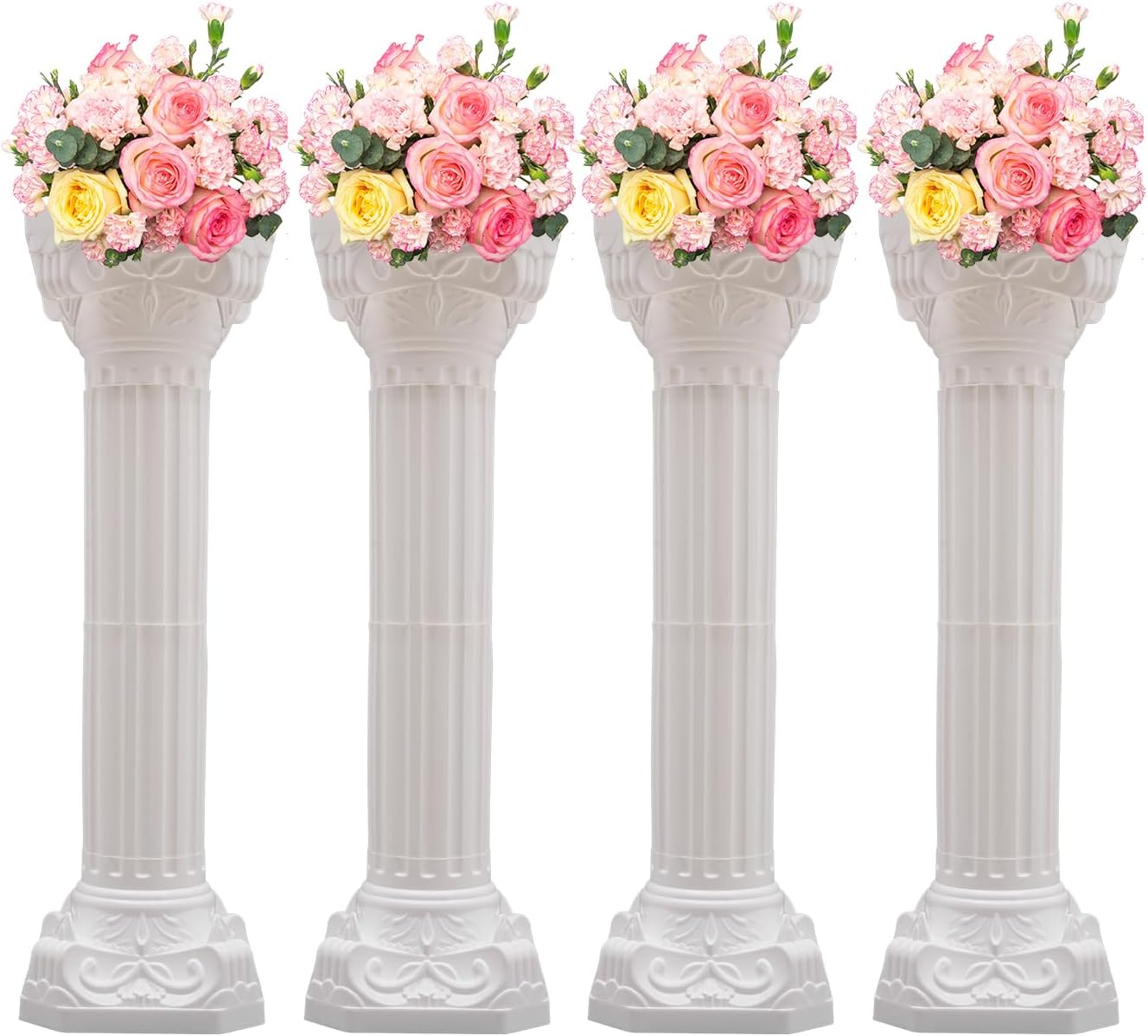 Roman Column Pedestal, Plastic White Columns for Weddings Indoor/Outdoor Roman Pillar Stand for Table Sculptures, Vase, Garden Decor (4PCS, 10.6 x 34.6 Inch Round)