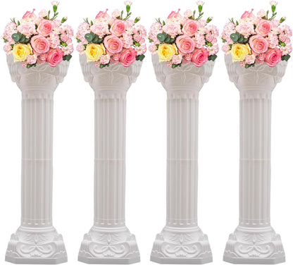 Roman Column Pedestal, Plastic White Columns for Weddings Indoor/Outdoor Roman Pillar Stand for Table Sculptures, Vase, Garden Decor (4PCS, 10.6 x 34.6 Inch Round)