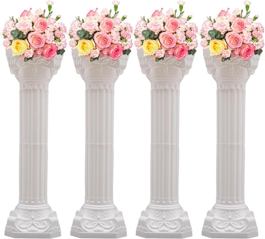 Roman Column Pedestal, Plastic White Columns for Weddings Indoor/Outdoor Roman Pillar Stand for Table Sculptures, Vase, Garden Decor (4PCS, 10.6 x 34.6 Inch Round)