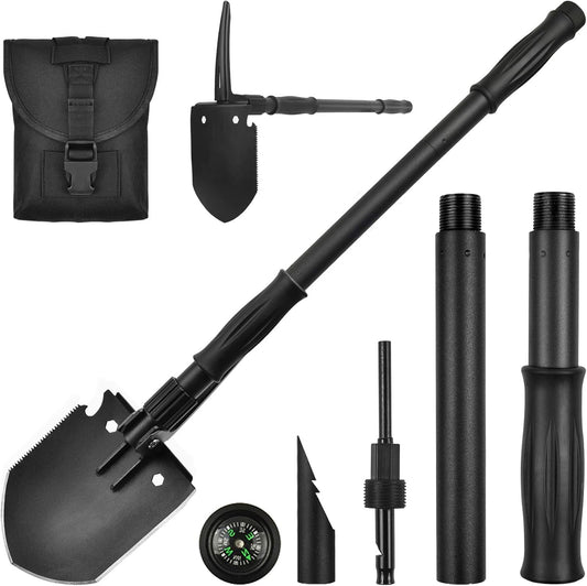 Survival Shovel, (28.3'') Camping Folding Shovel, Military Spade Multitool, Tactical Trench Tool, with Pickaxe, Compass, Whistle, Molle Bag for Digging, Metal-Detecting, Off Roading, Emergency