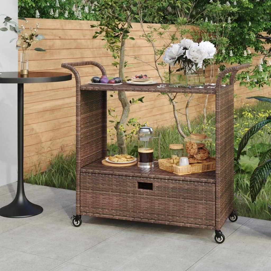 Outdoor Rolling Wicker Bar Cart with Drawer, Portable Bar Cart with Wheels, Patio Kitchen Island Cart for Pool Deck Backyard, Brown 39.4"x17.7"x38.2" Poly Rattan -459