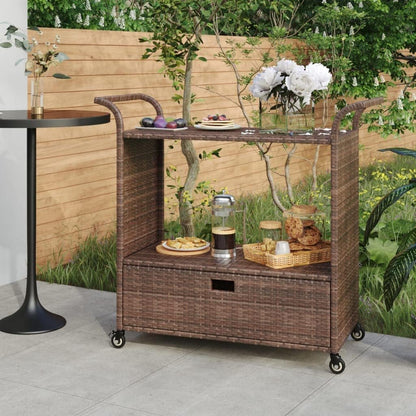 Outdoor Rolling Wicker Bar Cart with Drawer, Portable Bar Cart with Wheels, Patio Kitchen Island Cart for Pool Deck Backyard, Brown 39.4"x17.7"x38.2" Poly Rattan -459