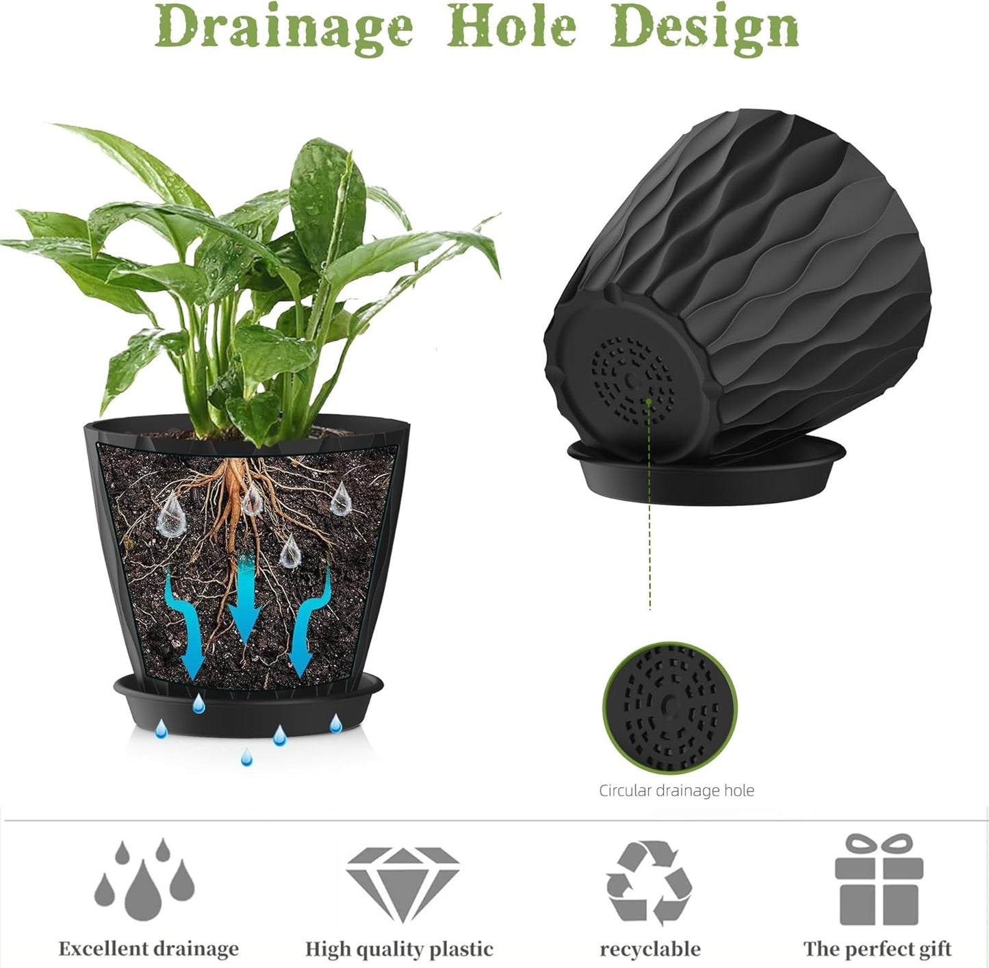 5 Inch Planter Pots, 6 Pack Indoor Planters, Small Flower Pots with Drainage Holes and Tray for Succulents, Orchids, Herbs and Other Indoor Plants,Black
