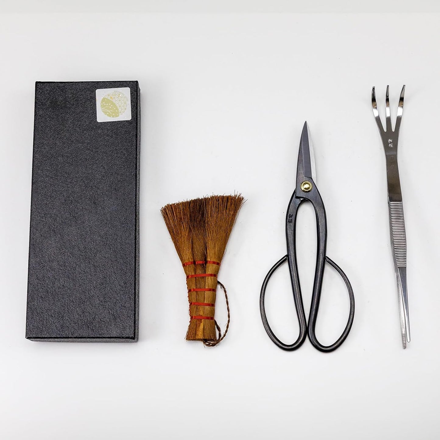 Wazakura Japanese Bonsai Garden 3PCS Tool Starter Kit, Made in Japan, Ashinaga Bonsai Scissors, Stainless Tweezers with Rake, Chinese Broom. Beginner Set with Shears, Tweezers and Soil Brush