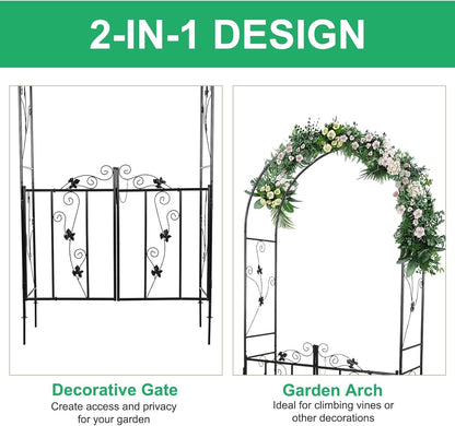 JSUN7 Metal Garden Arch with Gate - Garden Arbor with Gate, Garden Arch Trellis for Outdoor Climbing Plants, Wedding Arch with Double Doors, 7'H X 3.6'W, Black