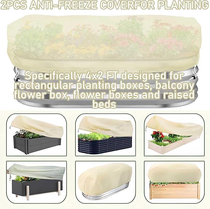 2 Pack Plant Covers Freeze Protection for Raised Beds Rectangular Planter Frost Fabric with Drawstring 2.82oz/yd² Reusable Raised Beds Frost Cloth for Winter Outdoor Plants (Beige,for Cover a 4x2x1ft)