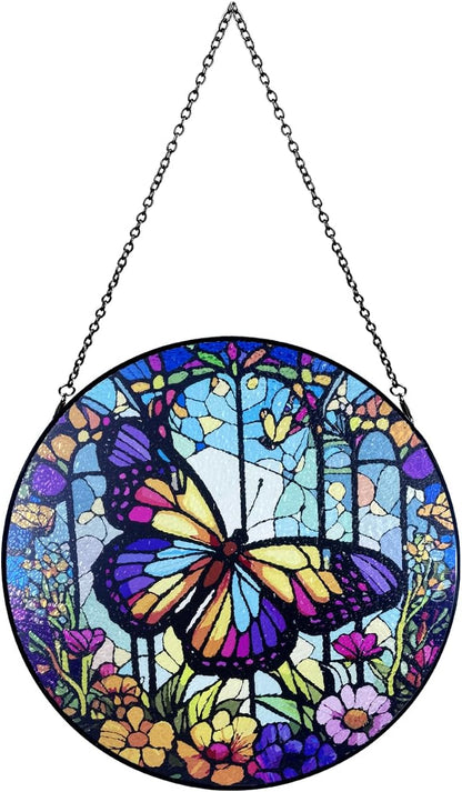 12''Stained Glass,Large Butterfly Decor Window Hanging,Handmade for Window Decoration,Painted Stained Glass Suncatcher,with Metal Chain
