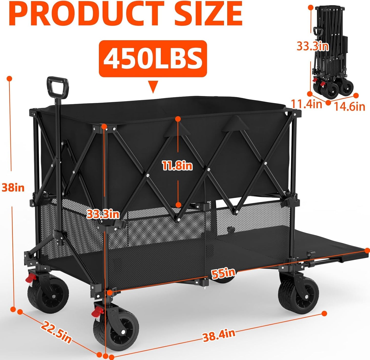 400L Large Double Decker Wagon Collapsible, 450lbs Beach Wagons Carts Foldable Heavy Duty, 54" Extended Utility Folding Cart for Camping, Garden, Sports, Grocery, Shopping