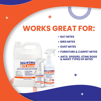 Mite Killer Spray by Mite-B-Gone — Kills Human Mites, Dust, Spider, Rat, Carpet & Bird Mites in Homes, Furniture, Bedding, Auto & On Animals | Non-Toxic | Kid & Pet Safe | 32oz Spray