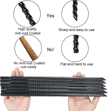 16 Inch Ground Rebar Stakes Heavy Duty Steel Ground Anchors for Outdoor, Straight Metal Stakes with Chisel Point end, Black Powder Coated (24)